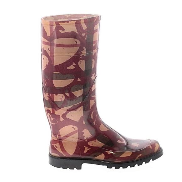 Burberry Burgundy Tan Graffiti Heart Talk Rain Boots EU38 US 7.5-8 - Picture 1 of 10